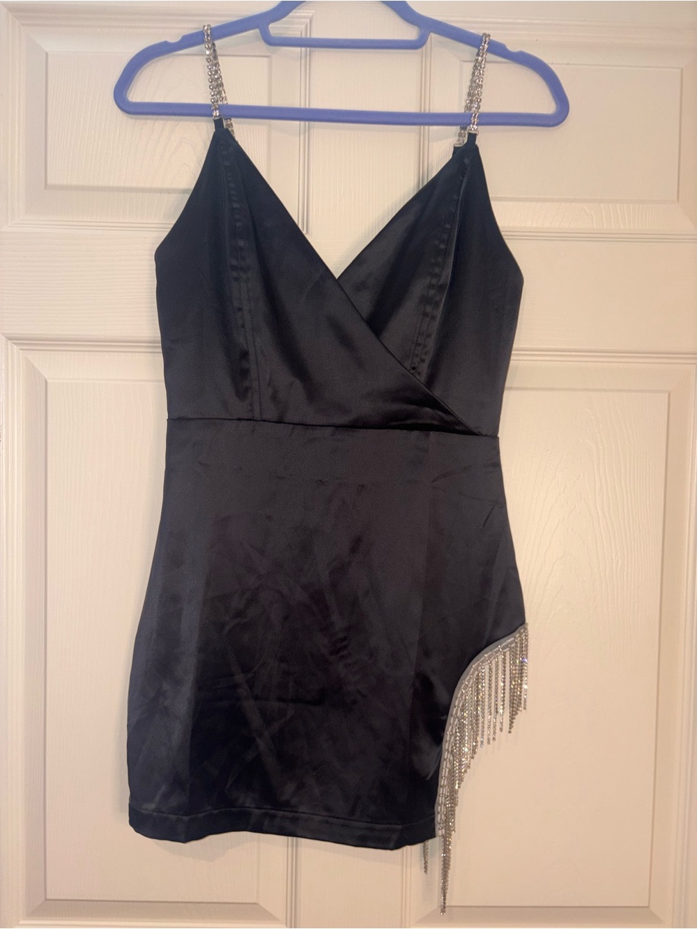 Black Satin Mini Dress with Rhinestone Straps & Rhinestone Fringe